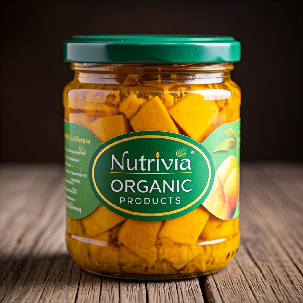 Image: A single, ripe mango with a few leaves.
Typography: Clean, sans-serif font for the product name and ingredients.
Color Scheme: Green and gold for a natural, organic feel.